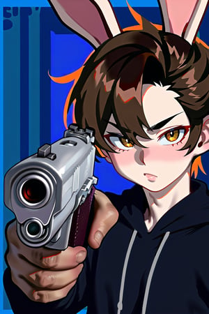 1boy rabbit boy, eyes of two colors, (((1eye red and the other 1eye blue))), black hair, dark blue sweatshirt,rabbit ears, solo, 1boy,jun kuramochi, brown hair,daisuke sorachi, finger on trigger, revolver, aiming at viewer, holding gun, handgun,holding weapon,anthro,furry,ssource_furry,score_9