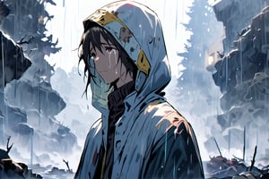 Father backwards only, cold and sad atmosphere, decrepit background, image from afar, crying, winter, rain