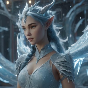 realistic, Ice Dragon, desolate, intricately detailed, artistic lightning, particles, beautiful, amazing, highly detailed, digital art, sharp focus, trending on art station,Read description,3d style,xxmix girl woman,lty,arcane