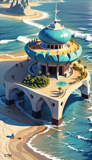 Create an imaginative artwork showcasing a futuristic beach and ocean. The beach and ocean should be highly detailed, with sleek and powerful design elements. The scene should be set in a realistic environment, such as a view landscape. Let your creativity run wild as you depict.