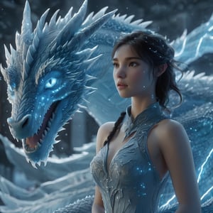 realistic, Ice Dragon, desolate, intricately detailed, artistic lightning, particles, beautiful, amazing, highly detailed, digital art, sharp focus, trending on art station,Read description,3d style,xxmix girl woman