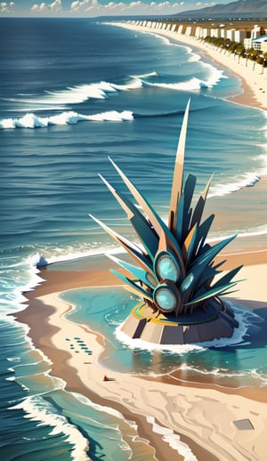 Create an imaginative and awe-inspiring artwork showcasing a futuristic beach and ocean. The beach and ocean should be highly detailed, with sleek and powerful design elements. The scene should be set in a realistic environment, such as a view landscape. Let your creativity run wild as you depict.