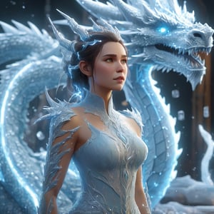 realistic, Ice Dragon, desolate, intricately detailed, artistic lightning, particles, beautiful, amazing, highly detailed, digital art, sharp focus, trending on art station,Read description,3d style,xxmix girl woman,lty,arcane