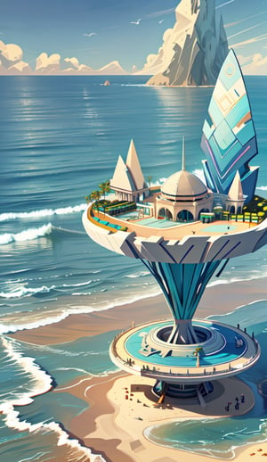 Create an imaginative artwork a futuristic beach and ocean. The beach and ocean should be highly detailed, with sleek and powerful design elements. The scene should be set in a realistic environment, such as a view landscape. Let your creativity run wild as you depict.