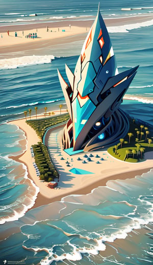 Create an imaginative artwork a futuristic beach and ocean. The beach and ocean should be highly detailed, with sleek and powerful design elements. The scene should be set in a realistic environment, such as a view landscape. Let your creativity run wild as you depict.