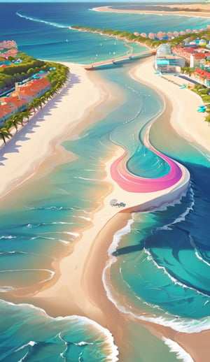 Create an imaginative and awe-inspiring artwork showcasing a futuristic beach and ocean. The beach and ocean should be highly detailed, with sleek and powerful design elements. The scene should be set in a realistic environment, such as a view landscape. Let your creativity run wild as you depict.