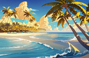 A Serene Tropical Paradise - Beautiful Golden Beach, Calm Blue Waves, and Majestic Palm Trees"


