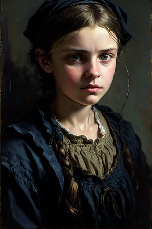 A portrait of poor 14y old peasant girl, in old used 1800 peasant clothing , crazy mad aggressive face and eyes, fantasy, concept art, oil pastel painting , moody gray colors , gritty, messy style of Malika Favre, Ilya Kuvshinov, Franz Xaver Winterhalter, Alice Pasquin(cel shaded:1.1), 2d, (oil painting:1.2) highly detailed, jeremy mann