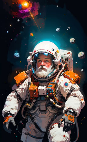 (masterpiece, best quality),
An eccentric Astronout floating in dark space, manouvering with zero gravity, lot of colorful gadgets and survival tools atached on its spacesuit with a jetpack, wore a transparent helmet showing his thick white beard inside, surounded by glowing asteroids, cinematic shot, absurd hillarious, adventurious, rich color, smooth, lifelike features, detailed