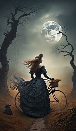 In the depths of a hauntingly beautiful landscape, shrouded in an eerie mist, a Victorian-style woman gracefully rides her flowery-bicycle . Otherworldly aura woven with (horror+fantasy+surreal) vibes.
Dressed in an exquisite gown harkens to mystery and elegance, the dark cascading curls dance in the wind, framing her porcelain face.
The desolate landscape, trees morph into gnarled, twisted figures, branches reaching out like skeletal fingers.
The moon casting an ethereal glow+illuminates the path ahead+revealing shadowy figures lurking in the corners.
Palpable sense of foreboding atmosphere.
Sinister is lurking+haunting melodies+forgotten tales+lost souls. 
A dilapidated mansion in the distance, stands as a testament to forgotten glory+architecture crumbling+windows shattered+filled with the echoes of past horrors.

A cinematic masterpiece, the essence of horror+fantasy+surrealism. Nightmarish landscape+symbol of resilience+embracing the unknown.
Fantasy collide in the most hauntingly beautiful way.

Dramatic mood, High_detailed