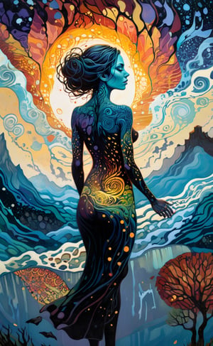(masterpiece, best quality), Hyper-realistic,1woman, vector art on woman body skin,  full body painting, Art by James R. Eads&Satori Canton, Swirling and flowing lines, vivid, vision of a dream, psychedelic colors, sense of movement, connection to the spiritual, reaching a metaphysical, influenced by the natural world, bright and soft contrast, depth and emotion, moody, Limited Color, detailed, creative, 