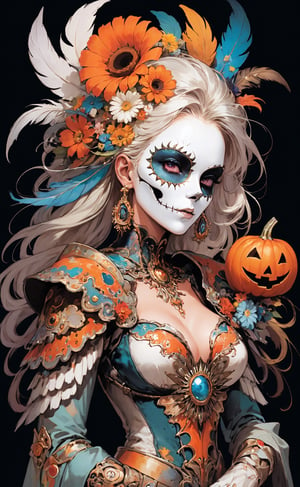 (masterpiece, best quality, dynamic),  surrealiam, a woman, wore a colorful and fractal costume made of feathers+flowers+jewels. Her face is partly hidden by a mask.
She entangled by a Chaotic objects such as: a clock,a guitar,a bicycle,a cake,a skulls, a music-notes, a flowers, a pumkin, a tiny-ghost, a castles, a horses.

Complicated background ,
creative!!!, flowing, sickening, beautiful and aesthetic, soft contrast, hyperdetailed, micro details, rough edges, flowing lines