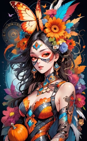 (masterpiece, best quality, dynamic),  surreal art, entangled, a woman wearing a colorful and fractal costume, made of feathers+flowers+jewels. Her face is partly hidden by a mask that resembles a butterfly.

She is surrounded by a chaos objects such as a clock a guitar a bicycle a cake skulls music-notes flowers pumkin tiny-ghost castles horses.

background is a gradient of bright colors, modern and artistic look.
creative, flowing, sickening, beautiful and aesthetic, soft contrast, hyperdetailed, micro details, rough edges, flowing lines