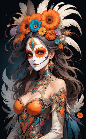 (masterpiece, best quality, dynamic),  surrealiam, a woman, wore a colorful and fractal costume made of feathers+flowers+jewels. Her face is partly hidden by a mask.
She entangled by a Chaotic objects such as: a clock,a guitar,a bicycle,a cake,a skulls, a music-notes, a flowers, a pumkin, a tiny-ghost, a castles, a horses.

Complicated background ,
creative!!!, flowing, sickening, beautiful and aesthetic, soft contrast, hyperdetailed, micro details, rough edges, flowing lines