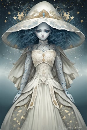 IncrsXLRanni, Fantasy, surreal abstract,, 1girl,  blue skin, corly hair, white dress is made of a soft and silky fabric, flows on the body, grey&white color, sweetheart neckline, a flared skirt reaches the floor, adorned skirt by intricate embellishments of floral patterns, stars, and crescent moons, doll joints,  Made of beads, sequins, crystals, and pearls that sparkling, has a veil and hat which also has floral, star, and moon motifs that complement the dress. Accesorized dress, Combination of fashionable and fantasy, creative, Hyperdetailed artwork,IncrsXLRanni,wavy hair, blue skin, cracked skin, extra arms