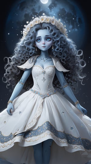IncrsXLRanni, Fantasy, surreal, 1girl,  blue skin, flow curly hair, white dress is made of a soft and silky fabric, flows on the body, grey&white color, sweetheart neckline, a flared skirt reaches the floor, adorned skirt by intricate embellishments of floral patterns, stars, and crescent moons, doll joints, Made of beads, sequins, crystals, and pearls that sparkling, has a veil and hat which also has floral, star, and moon motifs that complement the dress. Accesorized dress, Combination of fashionable and fantasy, creative, Hyperdetailed artwork,IncrsXLRanni,wavy hair, blue skin, cracked skin,girl