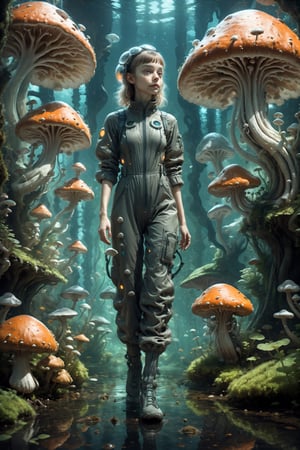 UnderwaterStyle,mushroomfantasy,surreal photograph,1girl in stretchy jumpsuit, walking confidently, low light, bioluminiscent glow mushrooms garden, biophyl plants, joyful atmosphere, (style of tim burton&marc simonetti&WLOP), sci-fi, fashionable,soft contrast, sharp focus, hyperdetailed