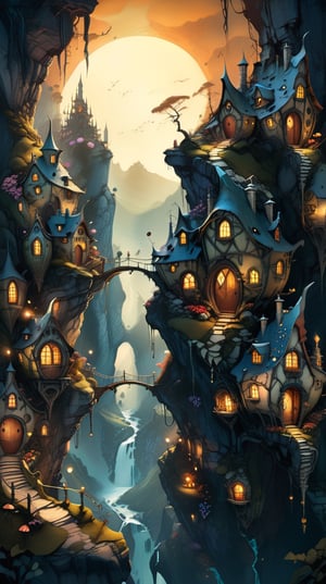 A surreal art of a fairies land, where there is a canyon with houses built on its edges, and lights shining from their windows, magical dark sunset, fairy, dreamy, mysterious, (by Brian Froud & Arthur Rackham & Eyvind Earle), digital illustration style, cool and whimsical, featured on Behance, outdoor scene, imaginative details, high resolution
