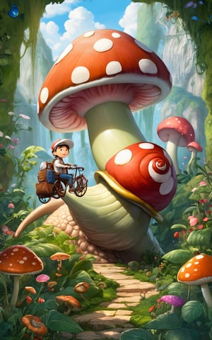 ((masterpiece, best quality)), In a world where plants have grown to enormous sizes, depict a character riding a giant snail through a jungle filled with oversized flowers and mushrooms.