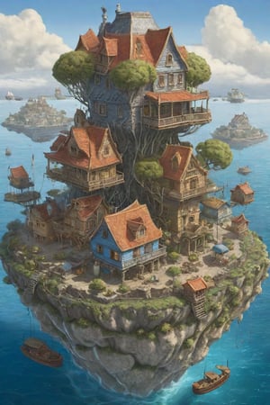 GhibliStyle stacked-houses on floating island,  intricate details, by Laurie Lipton, Concept Art,colorfull, high_res,3d style,3d