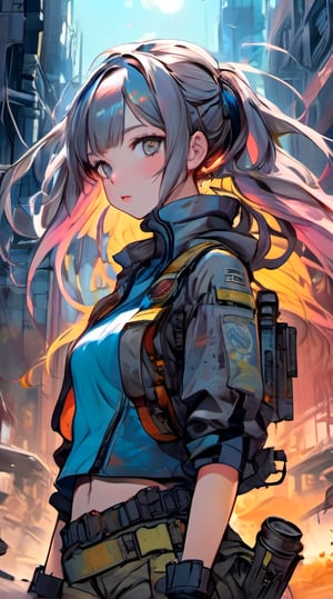 anime,(masterpiece, top quality, best quality, official art, beautiful and aesthetic:1.2), (1girl), upper body,extreme detailed,(post apocalyptic:1.3),colorful,highest detailed,