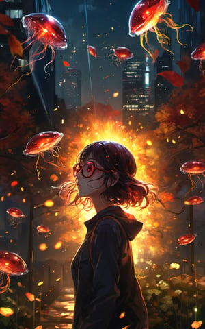 ((Masterpiece, Best quality, Anime Art)), fireflies, reflective, creative, dark-red, mysterious, Fantasy&Magical vibes, sci-fi, sparks, strange, DoF, Bokeh, dappled sunlight, open mouth, fish, 1other, black background, city lights, cityscape, building, jellyfish, field, flower, one-eyed, walking, field, garden, hood, light rays, goggles, garden, autumn leaves, hyperdetailed, High res