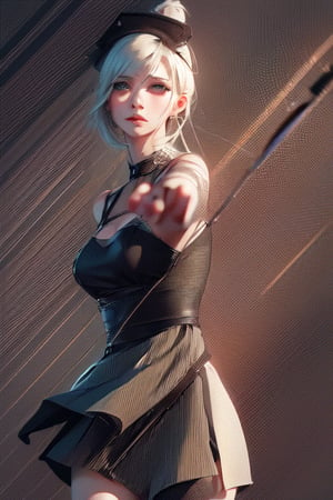 (Masterpiece,Best Quality), A realistic anime girl in a maid dress with coal-colored hair, striking a battle pose with a spear, inviting viewers to look closely at the high-resolution illustration, Fantasy, magical vibes, sci-fi mood, lights sparks, DoF, bokeh, sharp focus, 