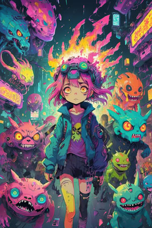 Anime, colorfull, Cyber-adorable-girl surounded by Fashionable cute monsters, cyberpunk city, pastel color, cartoon, light explosion, psychedelic, creative , neons, anime art, complex detailing, high detailed, high_res,Monster