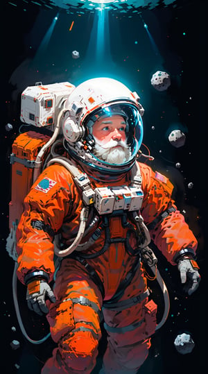 (masterpiece, best quality),
An eccentric Astronout floating in dark space, manouvering with zero gravity, lot of colorful gadgets and survival tools atached on its spacesuit with a jetpack, wore a transparent helmet showing his thick white beard inside, surounded by glowing asteroids, cinematic shot, absurd hillarious, adventurious, rich color, smooth, lifelike features, detailed