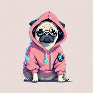 vector, minimalist, smooth, colorful, chibi pug in cyberpunk-hoodie, pastel color, white background, high_res