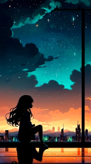 Scenery ,1girl ,silhouette, night sky, solo outdoor, sitting, cloud, octans, sky, stars, scenery, starry sky, night, long-wavy-hair, silhouette, floating hair,cityscape, (dark,teal,orange)