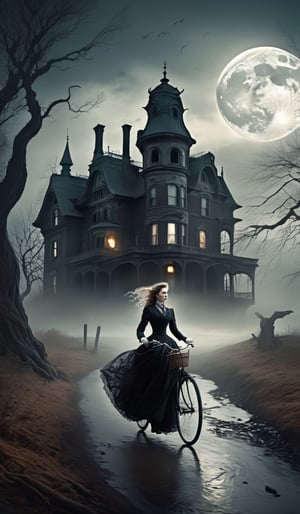 In the depths of a hauntingly beautiful landscape, shrouded in an eerie mist, a Victorian-style woman gracefully rides her bicycle. Otherworldly aura woven with (horror+fantasy+surreal) vibes.
Dressed in an exquisite gown harkens to mystery and elegance, the dark cascading curls dance in the wind, framing her porcelain face.
The desolate landscape, trees morph into gnarled, twisted figures, branches reaching out.
The moon casting an ethereal glow+illuminates the path ahead+revealing lots of ghosts.
Palpable sense of foreboding atmosphere. 
A dilapidated mansion in the distance, stands as a testament to forgotten glory+architecture crumbling+windows shattered+filled with the echoes of past horrors.

A cinematic masterpiece, the essence of horror+fantasy+surrealism. Nightmarish landscape+symbol of resilience+embracing the unknown.
Fantasy collide in the most hauntingly beautiful way.

Dramatic mood, High_detailed