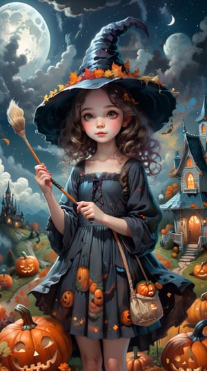 A cute wizard girl with curly brown hair and a grey dress, wearing a fashionable witch hat and holding a paintbrush, digital painting a fantasy scene of a haunted landscape with a dark sky, clouds, moon, and pumpkins, (by Tim Walker & Hayao Miyazaki & Lisa Frank), digital painting, colorful and whimsical, featured on Pinterest, indoor scene, artistic details, high resolution.