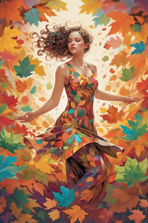 a masterpiece artwork, Seamlessly blends the girl's vibrant personality with the natural beauty of leaves. As she dances through a (kaleidoscope of colors and patterns), the leaves respond, mirroring her movements with mesmerizing fractal designs, detailed, crisp color, high_res details