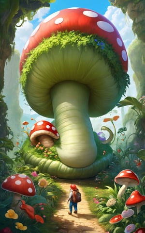 ((masterpiece, best quality)), In a world where plants have grown to enormous sizes, depict a character riding a giant snail through a jungle filled with oversized flowers and mushrooms.