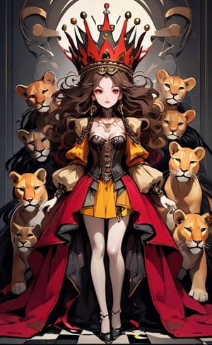 Anime art, dynamic, ((masterpiece,best quality)),A queen of the cirque over the dark and twisted realm, Wore a dress made of wool+leather+and chain, ((a patchwork of colors and textures)), (clash and contrast), (intricate Crown).
She stand against luxurious leather background, surrounded by her chaotic madness: a stuffed lions, a broken mirror, a pile of dolls that whisper secrets.
Cinematic shot, (dynamic, crazy gestured), fashionable, royal&glamorous, gloomy&dangerous,
Creative!!!Sickening!!!, Dark Fashion, Vintage, Luxurious, (Chaos:1.4), Surrealism, FusionArt, Epic composition, Rich color, ((Dark-red&Yellow-mustard&Beige)), LifeLike features, Detailed artwork