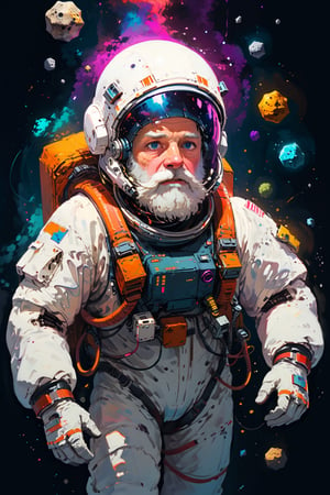 (masterpiece, best quality),
An eccentric Astronout floating in dark space, manouvering with zero gravity, lot of colorful gadgets and survival tools atached on its spacesuit with a jetpack, wore a transparent helmet showing his thick white beard inside, surounded by glowing asteroids, cinematic shot, absurd hillarious, adventurious, rich color, lifelike features, detailed