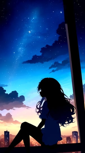 Scenery ,1girl ,silhouette, night sky, solo outdoor, sitting, cloud, octans, sky, stars, scenery, starry sky, night, long-wavy-hair, silhouette, floating hair,cityscape, 