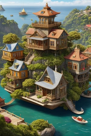 GhibliStyle stacked-houses on floating island,  intricate details, by Laurie Lipton, Concept Art,colorfull, high_res,3d style,3d