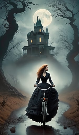In the depths of a hauntingly beautiful landscape, shrouded in an eerie mist, a Victorian-style woman gracefully rides her bicycle. Otherworldly aura woven with (horror+fantasy+surreal) vibes.
Dressed in an exquisite gown harkens to mystery and elegance, the dark cascading curls dance in the wind, framing her porcelain face.
The desolate landscape, trees morph into gnarled, twisted figures, branches reaching out.
The moon casting an ethereal glow+illuminates the path ahead+revealing lots of ghosts.
Palpable sense of foreboding atmosphere. 
A dilapidated mansion in the distance, stands as a testament to forgotten glory+architecture crumbling+windows shattered+filled with the echoes of past horrors.

A cinematic masterpiece, the essence of horror+fantasy+surrealism. Nightmarish landscape+symbol of resilience+embracing the unknown.
Fantasy collide in the most hauntingly beautiful way.

Dramatic mood, High_detailed