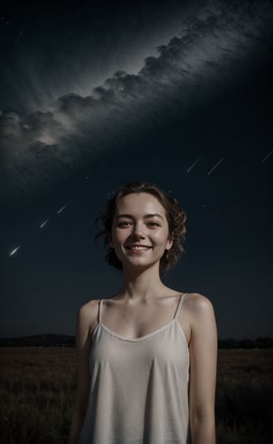 Mid Portrait Beautiful european girl, simple white camisole, updo hair, (skin texture:1.33),  light smile,  standing, night, shooting stars, cloud, far away light, ultra detailed photograph, sony A7 mark iii 75mm f2, high_res,Detailedface