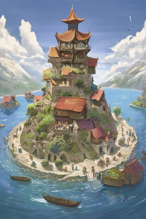 GhibliStyle stacked-houses on floating island,  intricate details, by Laurie Lipton, Concept Art,colorfull, high_res,3d style,3d