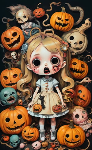 Masterpiece,Best Quality Surrealism, Anime art,Kawaii,Pastel color,Modern, Digital illustration. A Girl costumed and surrounded by her nightmare objects. A lot of objects that are totally different, weird yet beautifully, chaotic entangled. She is wearing a mask that covers her eyes, but not her mouth. She is yelling. Surrounded by her nightmare and traumas such as (pumkins:1)+snakes+knives+fire+blood+skulls+dolls+clocks+chains. All mixed and twisted together, forming a cute grotesque and addorable disturbing collage. The background is fading into darken and blurry, a sense of isolation and hopelessness. Colorful,
Complexity, High creative, high_detailed, Freestyle