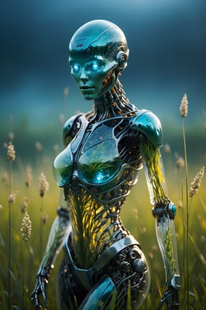 ((masterpiece, best quality)), Photography art, Depth of Field, ultradetailed, Ground View, Dynamic, LifeLike, a futuristic android girl made of clear glass with realistic pretty face. Through its transparent skin, you can see a glowing floral art among metal skeletal inside its body. She is sneaking in midle of bushed very-tall grass in a dark and misty place, Thick air with fog, night sky is barely visible, (((Foreground grass)))), pretty face, ((a DoF effect)), ((makes the foreground and background blurry)), Bokeh bcakground, sci-fi and fantasy vibe, magical, mystical, cinematic shot, Surreal Photograph, Hyper-realism, Teal&Cyan&Yellow, sharp focus, Life Like feature, Ultra_detailed, Film Still