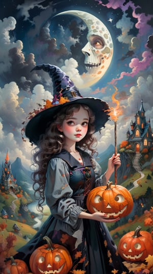 A cute wizard girl with curly brown hair and a grey dress, wearing a fashionable witch hat and holding a paintbrush, painting a fantasy scene of a haunted landscape with a dark sky, clouds, moon, and pumpkins, (by Tim Walker & Hayao Miyazaki & Lisa Frank), painting style, colorful and whimsical, featured on Pinterest, indoor scene, artistic details, high resolution.