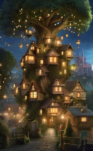 Fairytale, fantasy, trees-stacked-village, night, lights, beautiful, dreamy, TomBagshaw and Seb-McKinnon