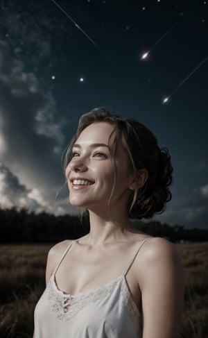 Mid Portrait Beautiful european girl, simple white camisole, updo hair, (skin texture:1.33),  light smile,  standing, night, shooting stars, cloud, far away light, ultra detailed photograph, sony A7 mark iii 75mm f2, high_res,Detailedface