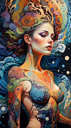 (masterpiece, best quality), Hyper-realistic,1woman, vector art on woman body skin,  full body painting, Art by James R. Eads&Satori Canton, Swirling and flowing lines, vivid, vision of a dream, psychedelic colors, sense of movement, connection to the spiritual, reaching a metaphysical, influenced by the natural world, bright and soft contrast, depth and emotion, moody, Limited Color, detailed, creative, 