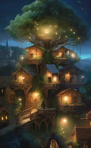 Fairytale, fantasy, trees-stacked-village, night, lights, beautiful, dreamy, TomBagshaw and Seb-McKinnon