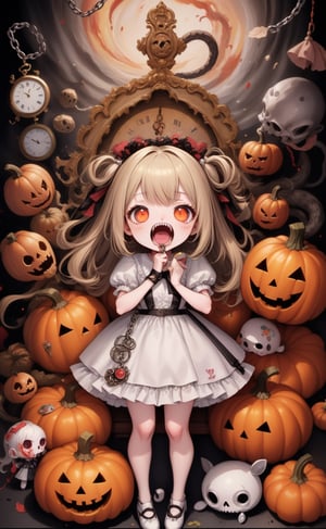 Masterpiece,Best Quality Surrealism, Anime art,Kawaii,Pastel color,Modern, Digital illustration. A Girl costumed and surrounded by her nightmare objects. A lot of objects that are totally different, weird yet beautifully, chaotic entangled. She is wearing a mask that covers her eyes, but not her mouth. She is yelling. Surrounded by her nightmare and traumas such as (pumkins:1.2)+snakes+knives+fire+blood+skulls+dolls+clocks+chains. All mixed and twisted together, forming a cute grotesque and addorable disturbing collage. The background is fading into darken and blurry, a sense of isolation and hopelessness. Colorful,
Complexity, High creative, high_detailed, Freestyle